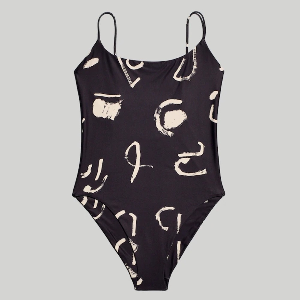 Madwell x Caroline Z Spaghetti-Strap One-Piece Swimsuit in Abstrat Alpha, Size M